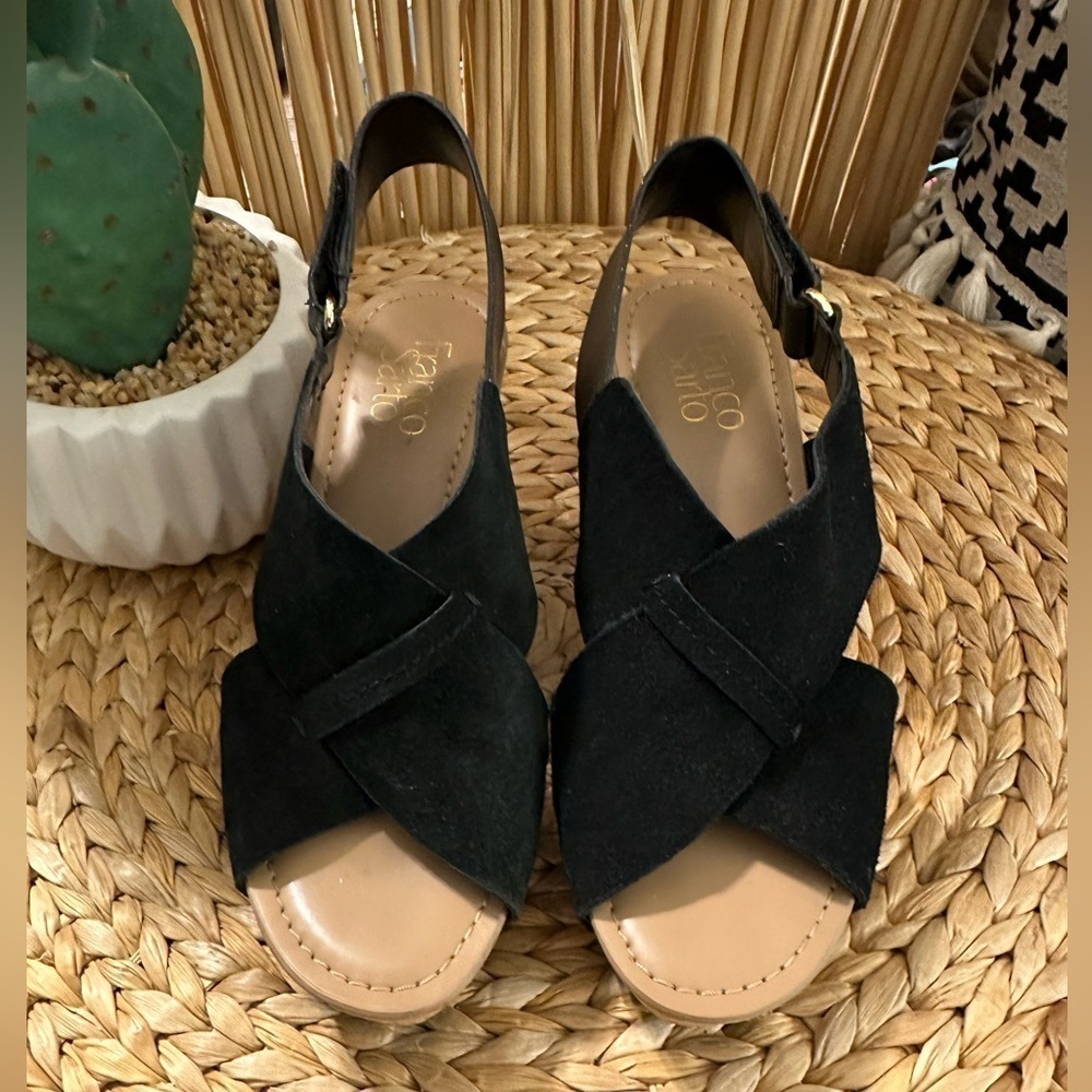 UEC Franco Sarto Artisanal L-Kicks, Black Suede Cork-design Wedge -Size 7 - Picture 2 of 10
